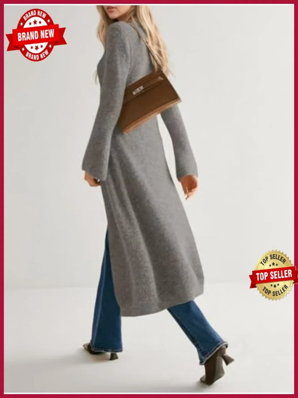 Women's Chunky Knit Long Cardigan Open Front Bell Sleeve Midi Dress